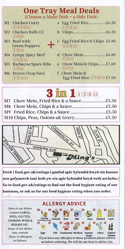 Menu of Mings Takeaway in Senghenydd